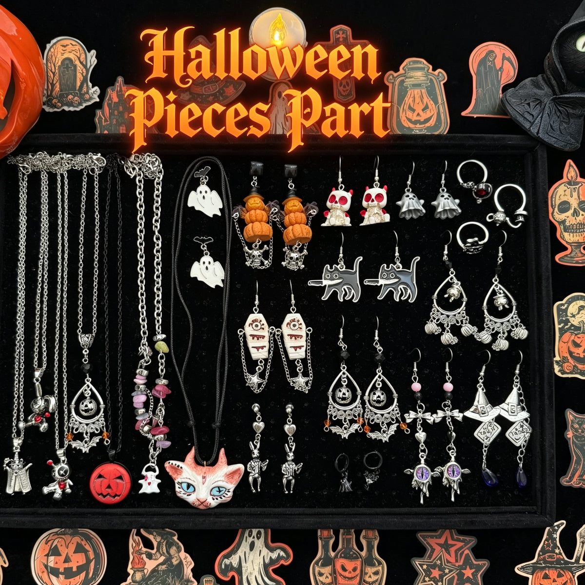 Jollyhit Spooky Gothic Mystery Jewelry Jar, 24PC costume jewelry set,Halloween Gift/ Estimated Delivery in 15 Business Days