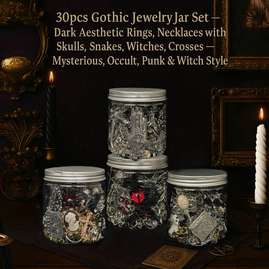 Gothic Witch Mystery Jewelry Jar Set – Dark Aesthetic Rings, Necklaces & Earrings with Skulls, Snakes, Witches, Crosses – Punk, Occult, Mysterious & Edgy Style