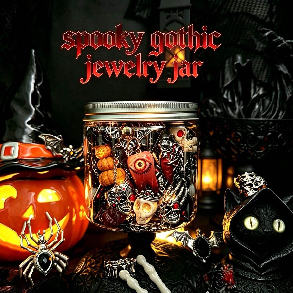 Jollyhit Spooky Gothic Mystery Jewelry Jar, 24PC costume jewelry set，Halloween Gift/ Estimated Delivery in 15 Business Days